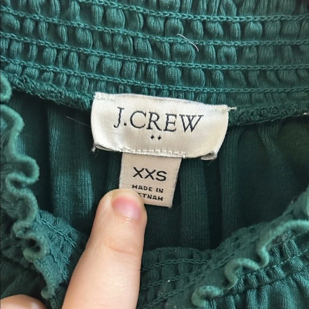 J.Crew Smocked High Neck Top XXS Green Long Sleeve Jersey Knit Victorian Blouse